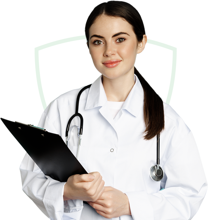 Female doctor with stethoscope holding a clipboard